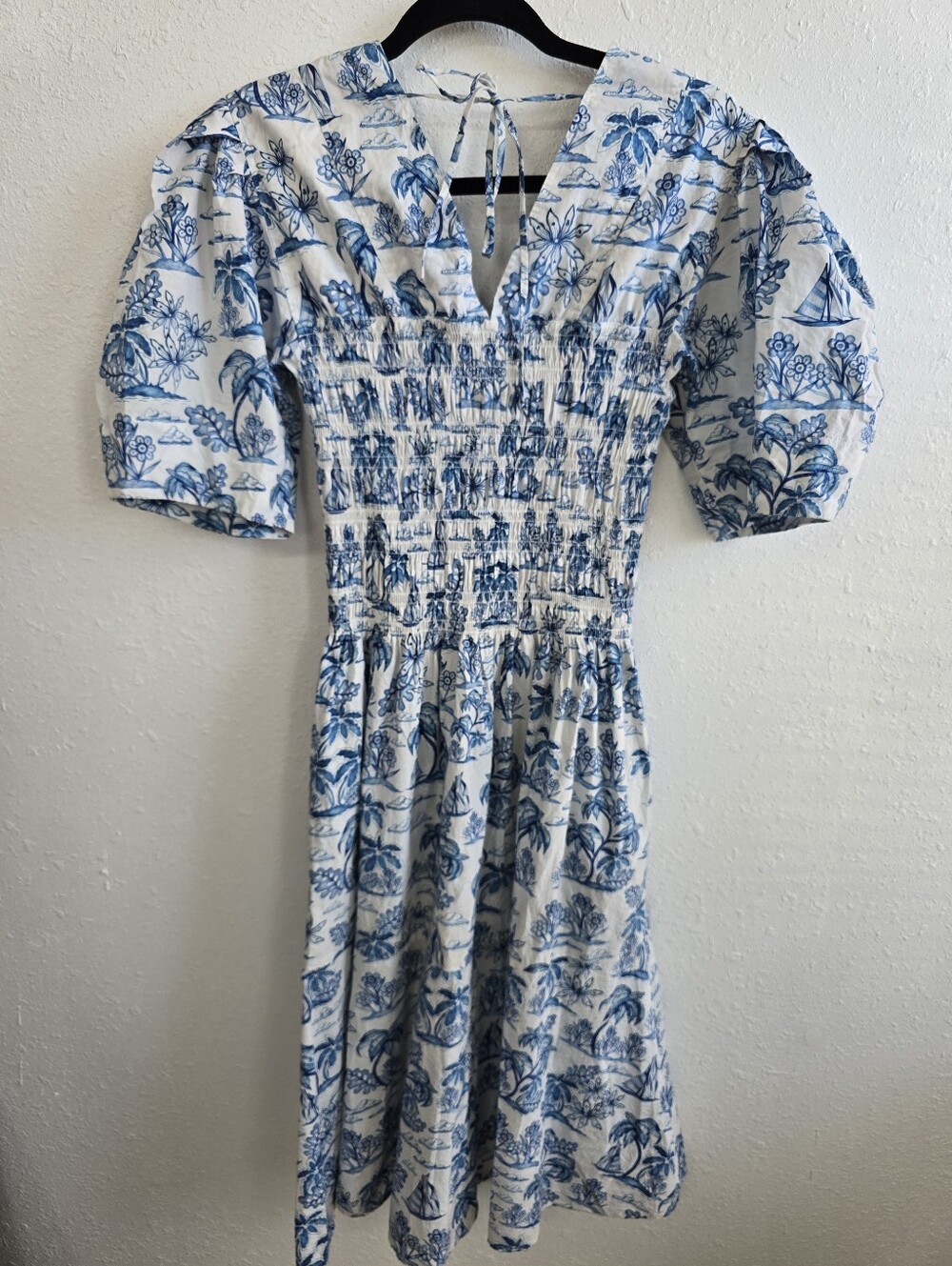 Jessie Zhao Leandra Blue Smocked V Neck Puff-Sleeve Midi Dress sz 2 - Picture 9 of 11